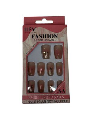 Press On Nails Nude Pink Ombre Gold Glitter Rhinestone Accent Medium 12ct No Glu